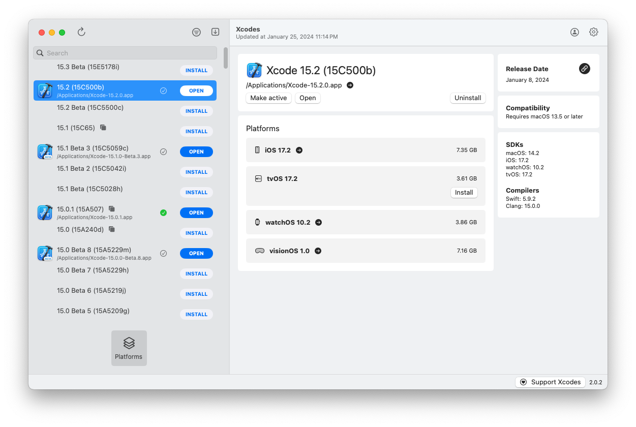 Xcodes showing available versions of Xcode in its macOS interface.